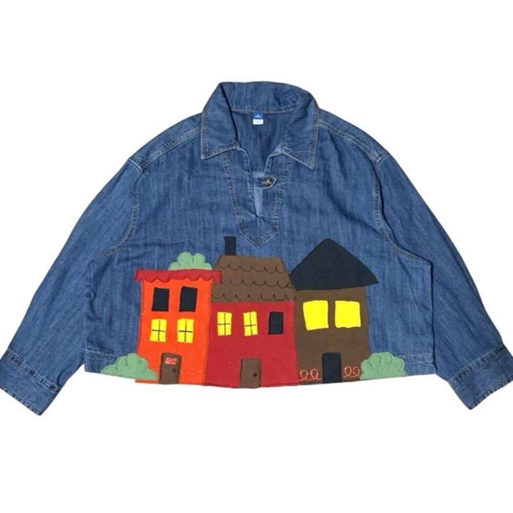 Custom Upcycled Denim Town Patchwork Long Sleeve – Boho XL